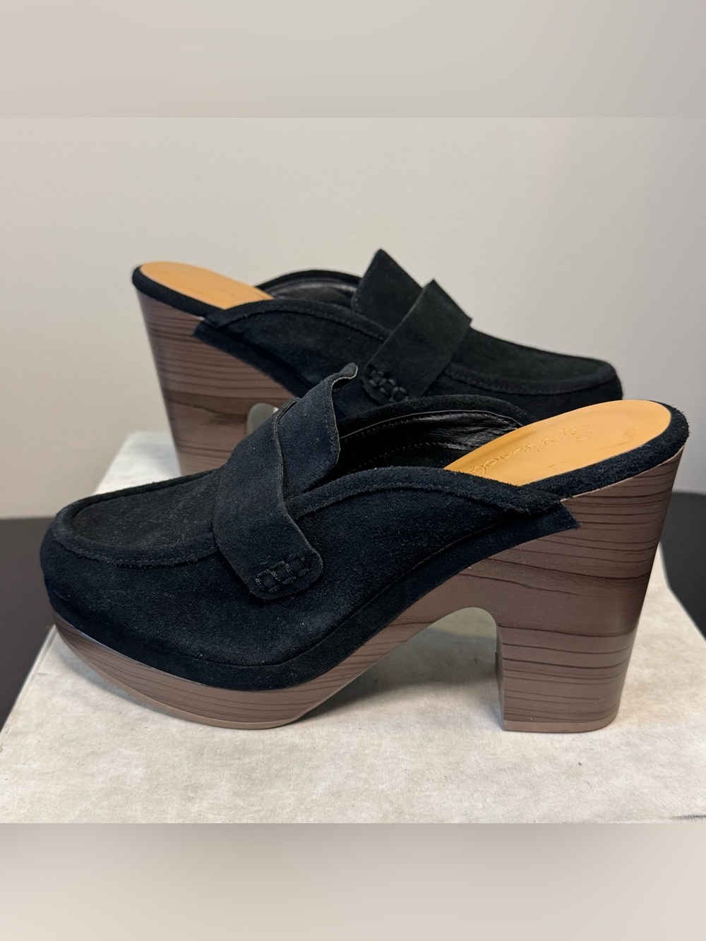 Splendid Black Suede Platform Clog Mules with Wood-Effect Heel, size 9, NWOT